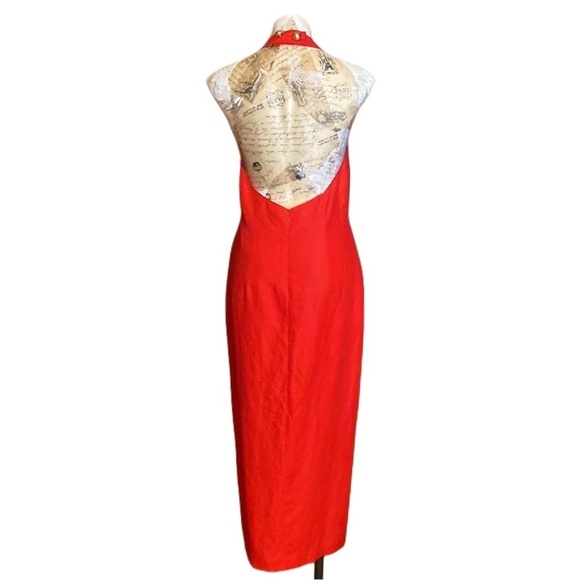 VTG 80s Geary Roark Kamisato Red Linen blend Backless Halter Maxi Dress sz 12 - Picture 4 of 13